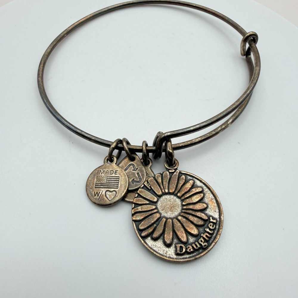 Vintage 90s Alex and Ani Silver Tone Daughter Daisy Flower Charm Bangle Bracelet